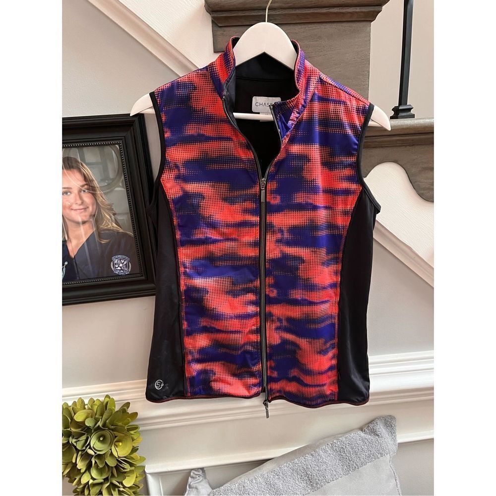 Chase 54 Womens Orange & Purple Digi Print Zip Up Vest sz M EUC
